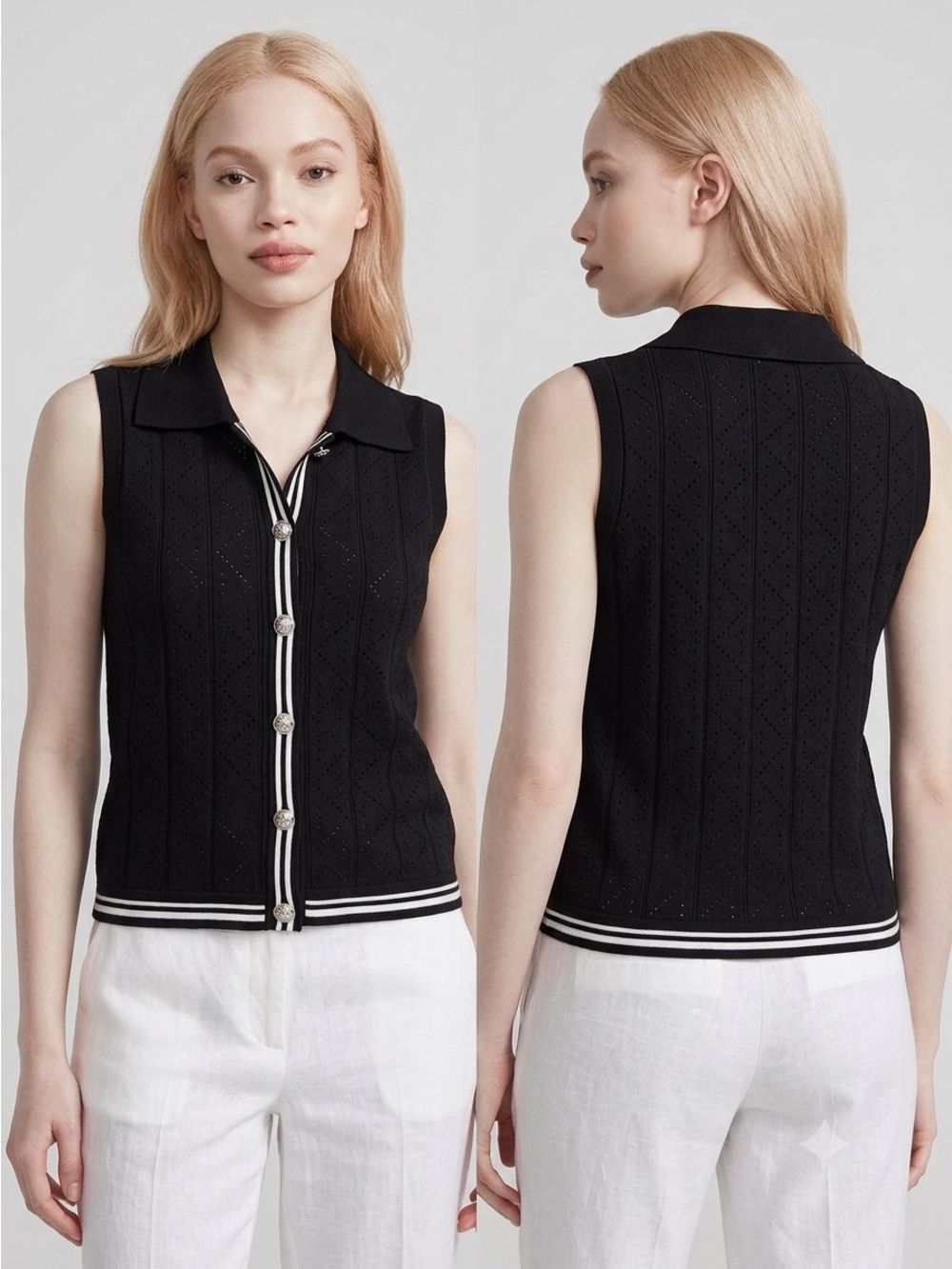 NWT ELIE TAHARI Sleeveless Knit Polo Tank Black Buttoned Front Collared Blouse